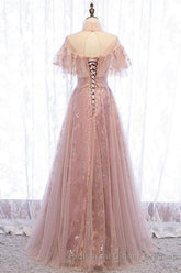 Elegant High Neck Vintage Long Lace Up Semi Formal Prom Dresses Flowy Party Gowns